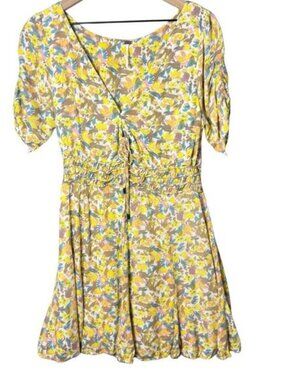 Free People Mini Dress Small Forget Me Not Floral Print Short Sleeve Yellow 12